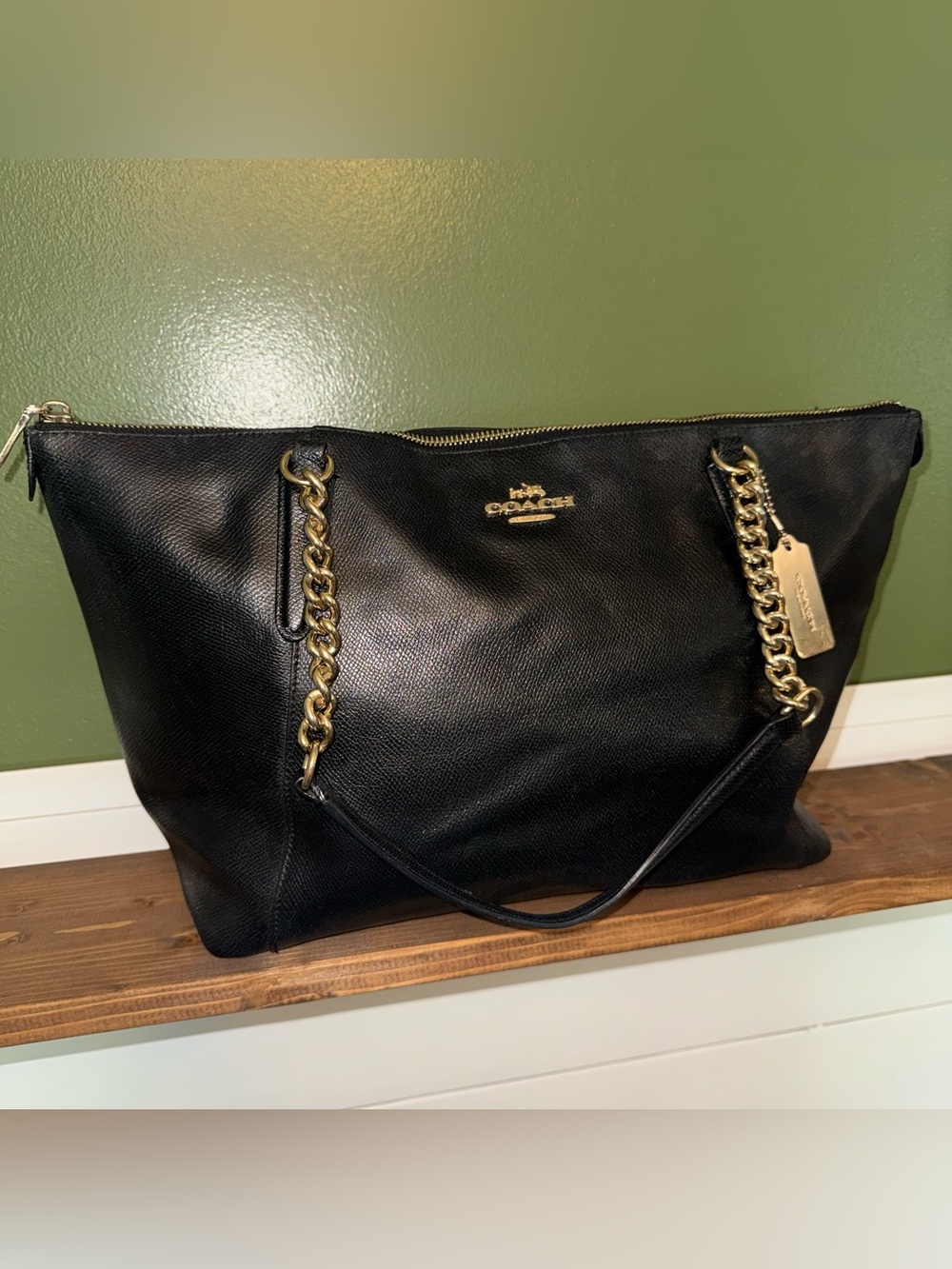 Coach F37078 Lexy Chain Tote Black Crossgrain Leather Zip Top Shoulder